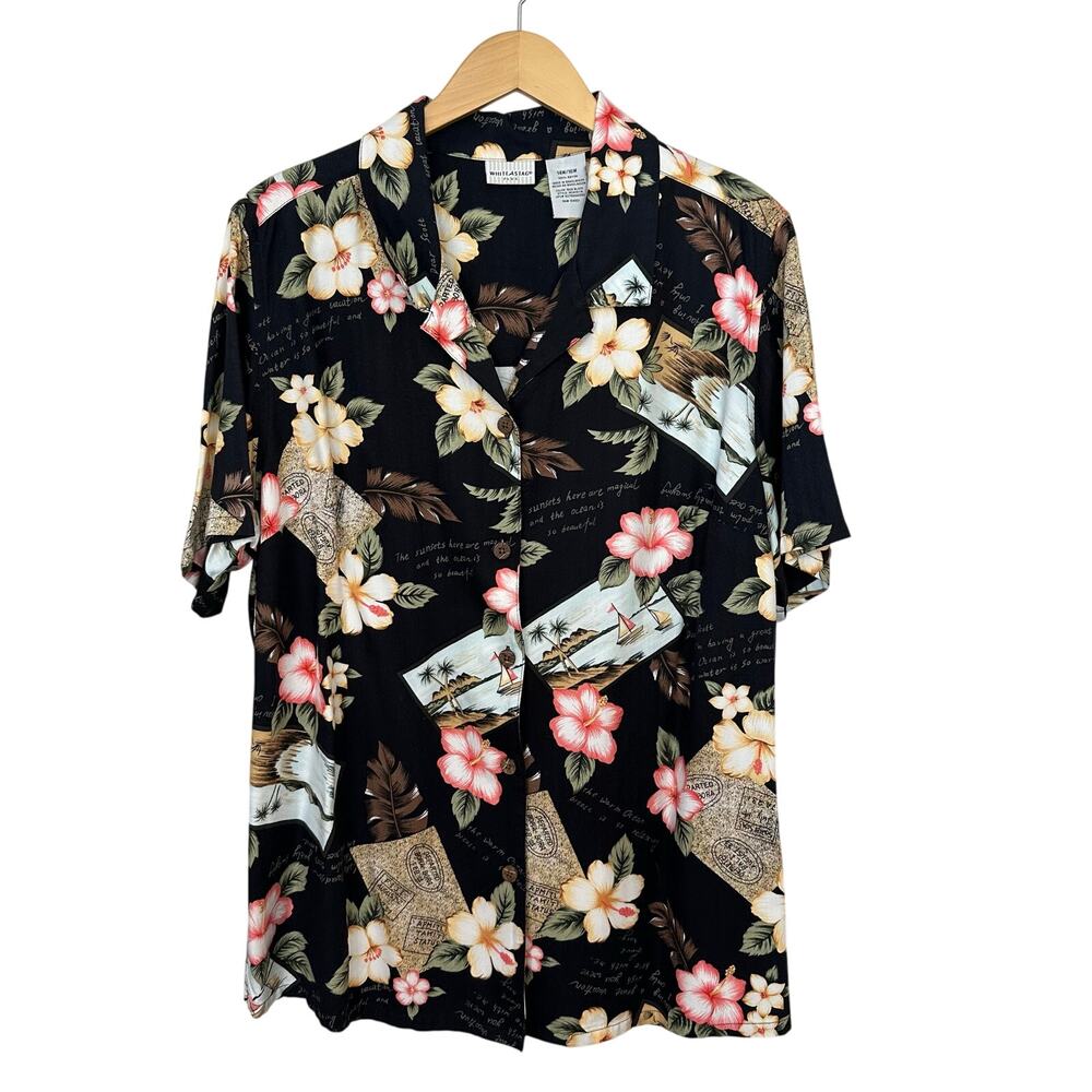 Vintage White‎ Stag Camp Shirt Hawaiian Button-Up Women Size 16W Woven Tropical
